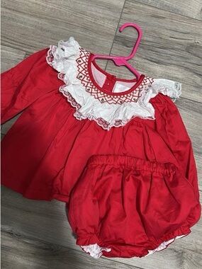 Red Girls' Matching Set with White Lace Collar